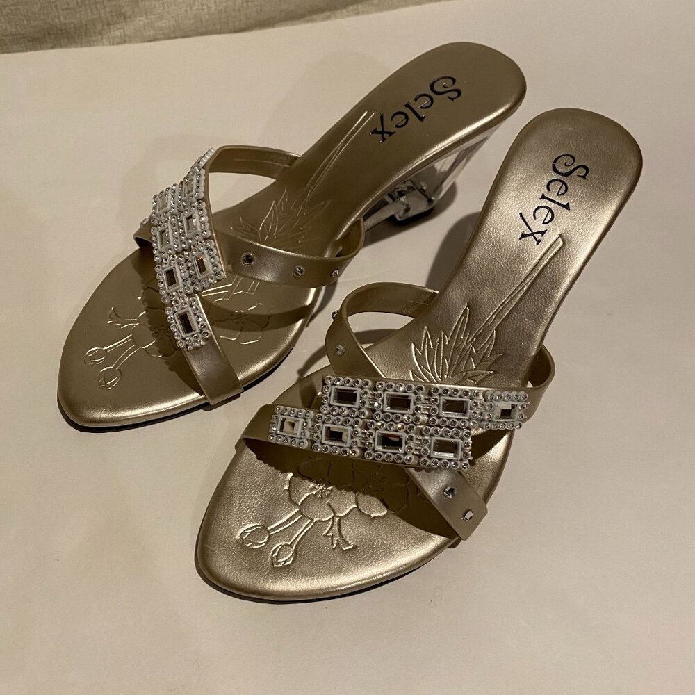 Selex Women's Open Toe Shoes Heels Bling Sparkly Beaded Formal Champagne NWOT